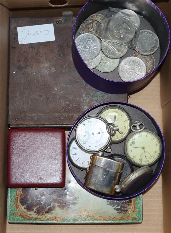 A collection of mixed coinage, WWI medals, pocket watches and cap badges, etc.